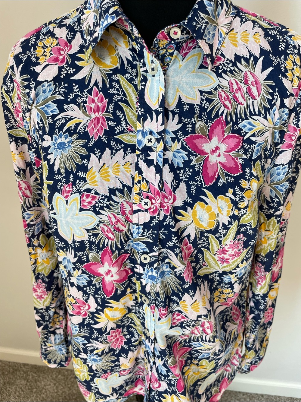Talbots Navy Floral Button-Down Shirt with Pink & Yellow Flowers - Picture 5 of 8